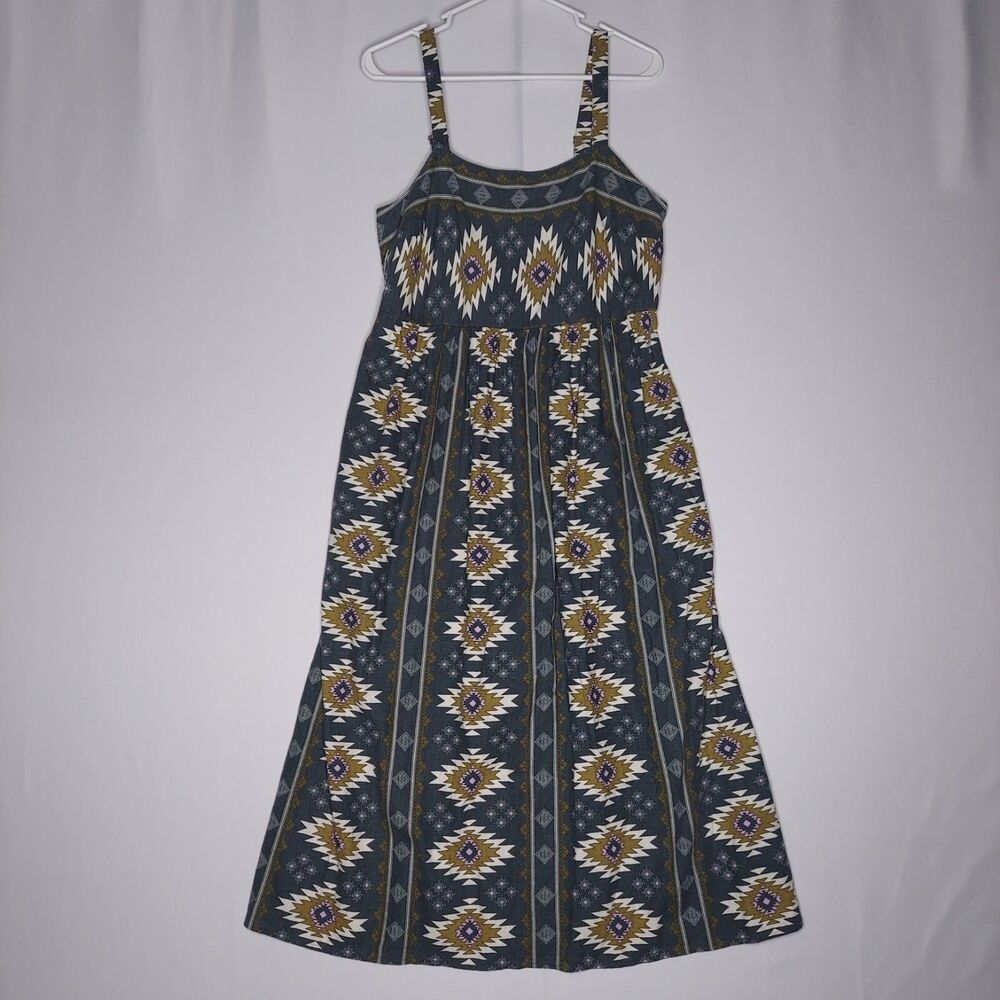 Sonoma Midi Sundress Medium Gray Woven Linen Blend‎ Aztec Geometric Square Neck